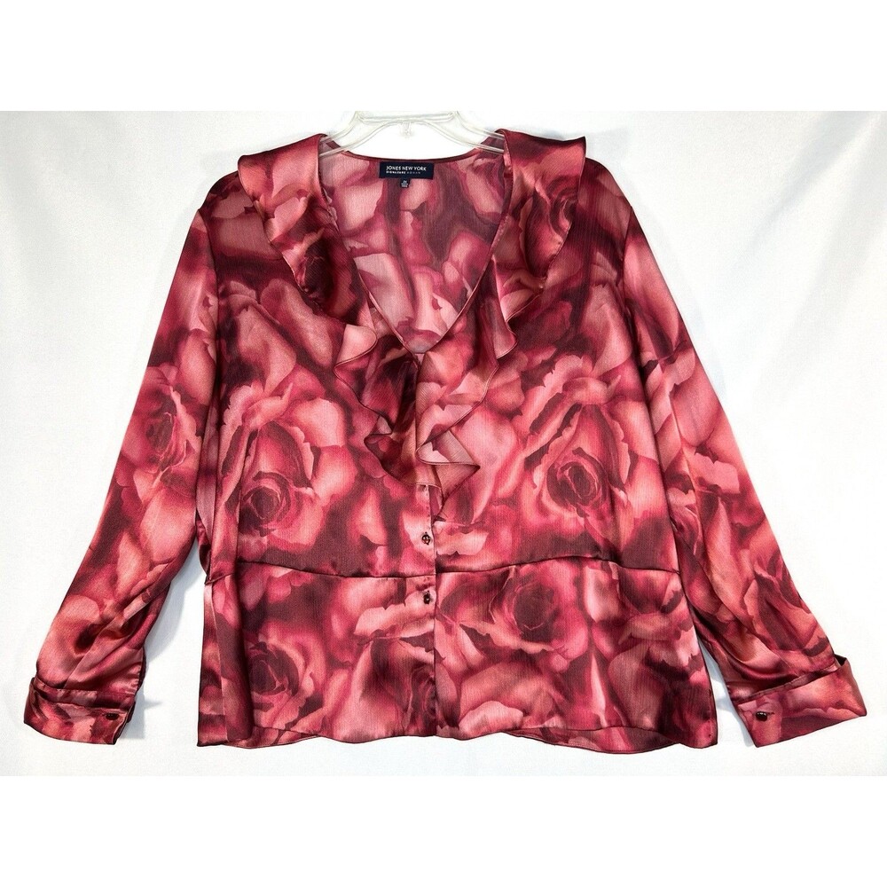 Jones New York 2X Shirt Floral Roses Lightweight Ruffle Button Up Women's Blouse